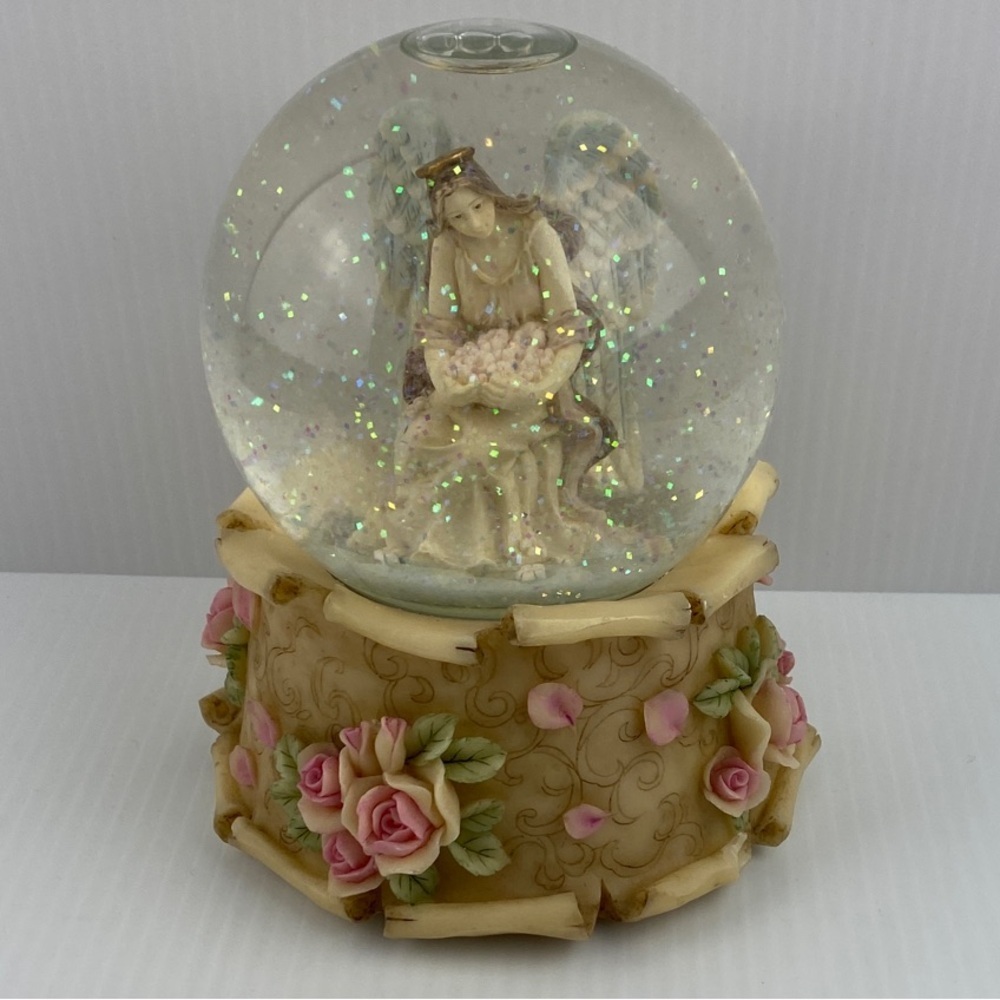 Vintage Musical Snow Globe Angel with Pink Roses